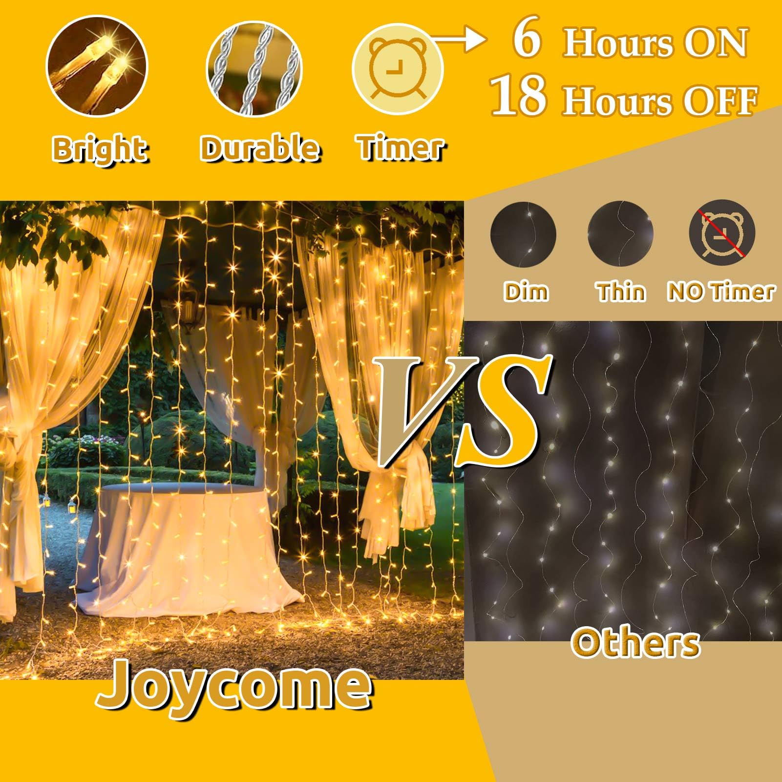 Joycome Kurtyna świetlna, 6 m x 3 m, 600 diod LED, 8 trybów świecenia, oświetlenie bożonarodzeniowe, zasilanie prądem, wodoszczelna, na ścianę, do pokoju, na balkon, do użytku na zewnątrz, dekoracja