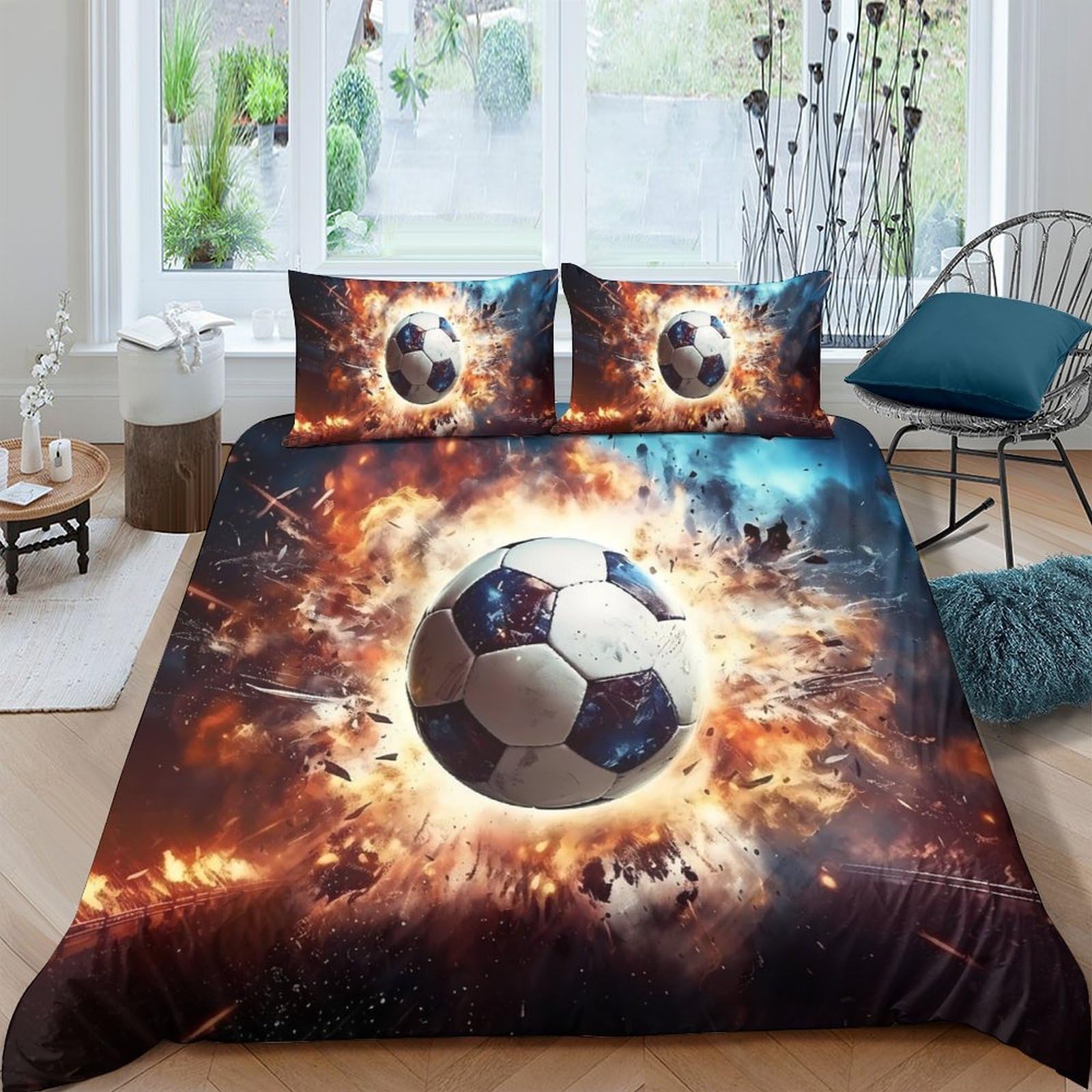 Ctjqhvkz Style-10 3D Printed Fiery Soccer Ball Fitted Sheet Microfiber Sports Bed Cover For Bedroom Guest Room Easy Care Decor Single（135X200cm）