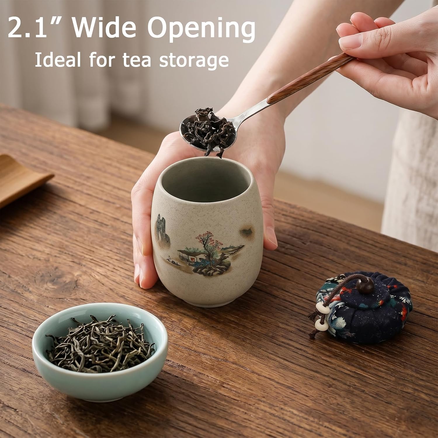 3 Pcs Small Ceramic Jars with Lid, 5 Fl Oz Tea Canister with Airtight Lid, Mini Chinese Style Kitchen Food Storage, Coffee Sugar Container, Decorative Jar for Loose Leaf Tea Candy Spices