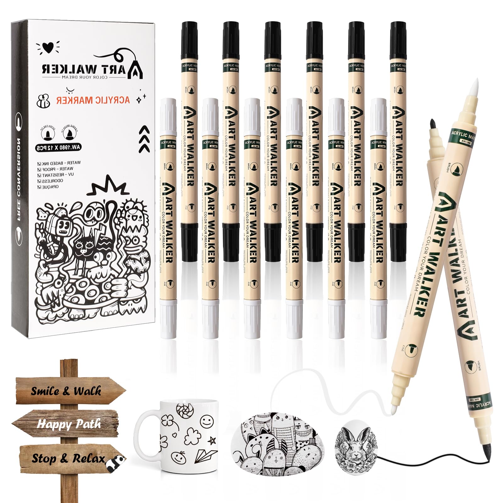 Rotuladores de pintura acrílica en blanco y negro, 12 unidades rotulador blanco permanente acrylic markers flexibles para roca, cerámica, vidrio, madera, pintura de tela