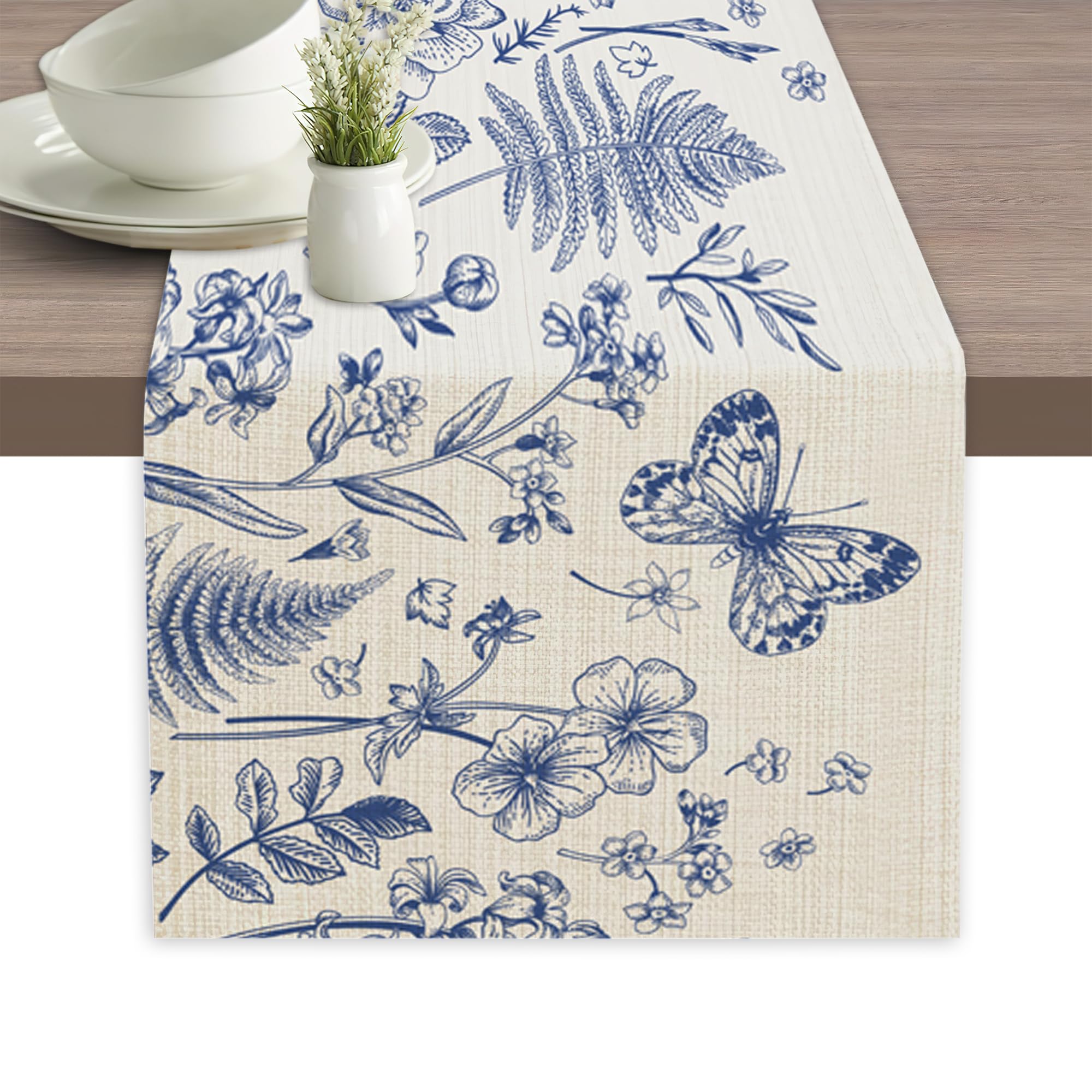 Navy Blue Herbs Wild Flower Butterfly Table Runner Linen Long Farmhouse Rustic TableRunner for Party Holiday Dining Room /Kitchen,13 x 70 Inches