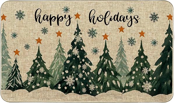 Winter Snow Forest Welcome Doormat, Happy Holidays Doormats Christmas Snowflakes Seasonal Front Door Mat Non-Slip Entrance Mat Low Profile Kitchen Floor Rug Decor for Home Patio 17 x 29 Inch