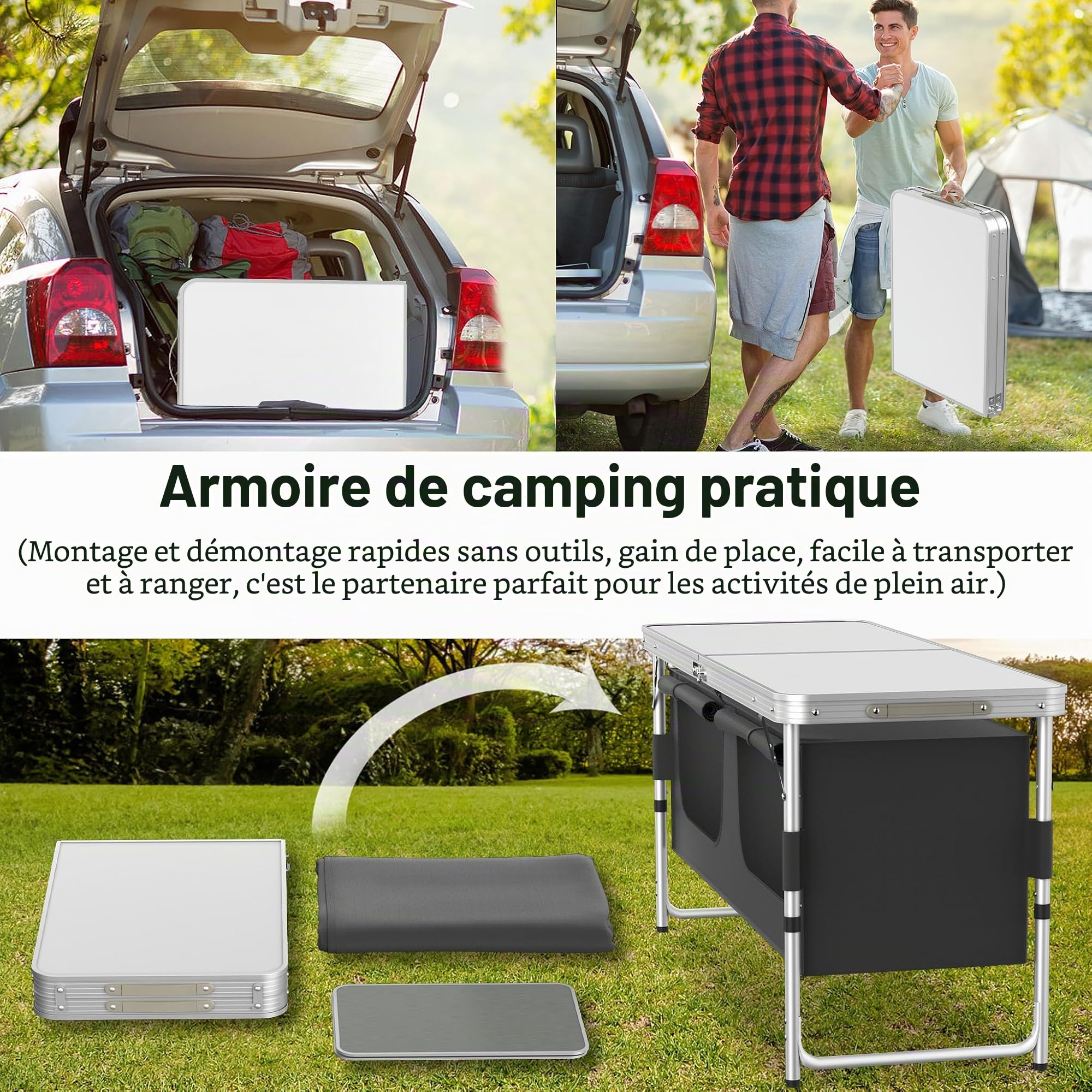 LZQ Cuisine de camping mobile avec espace de rangement - Armoire de camping compacte pliable avec plan de travail et sac de transport - Armoire d'extérieur légère en aluminium - 120 x 47 x 62 cm