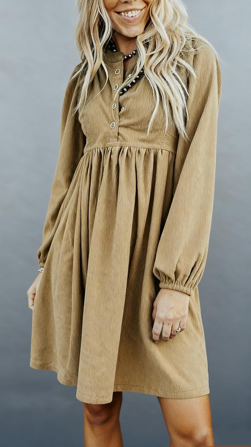 Apvirdy Womens Casual Long Sleeve Corduroy Dress Button Up Empire Waist Fall Winter Mini Babydoll Dress with Pockets - Image 2