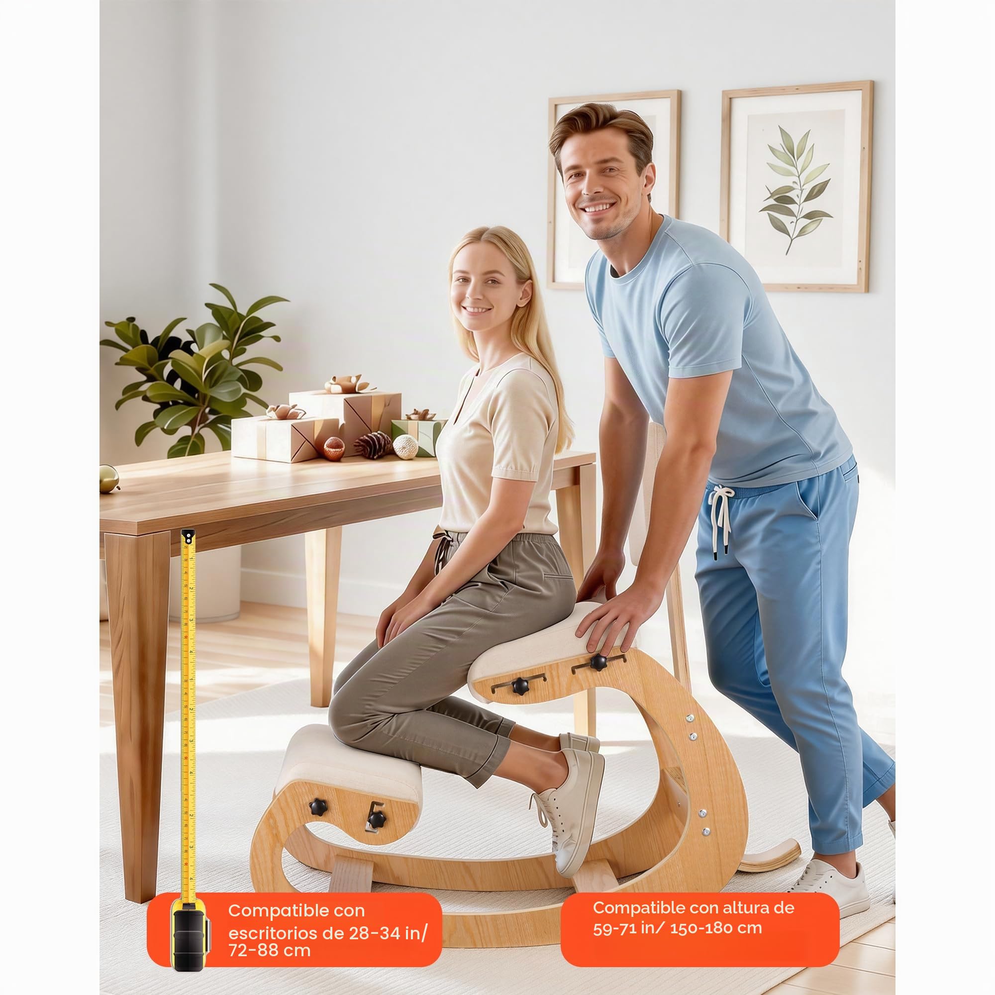 VEVOR Silla Ergonómica de Rodillas con Respaldo, Taburete para Rodillas Estructura de Madera, Cojines de Espuma Gruesa Ajustables, Carga de 120 kg, Relajación de Cuello y Espalda para Hogar, Oficina