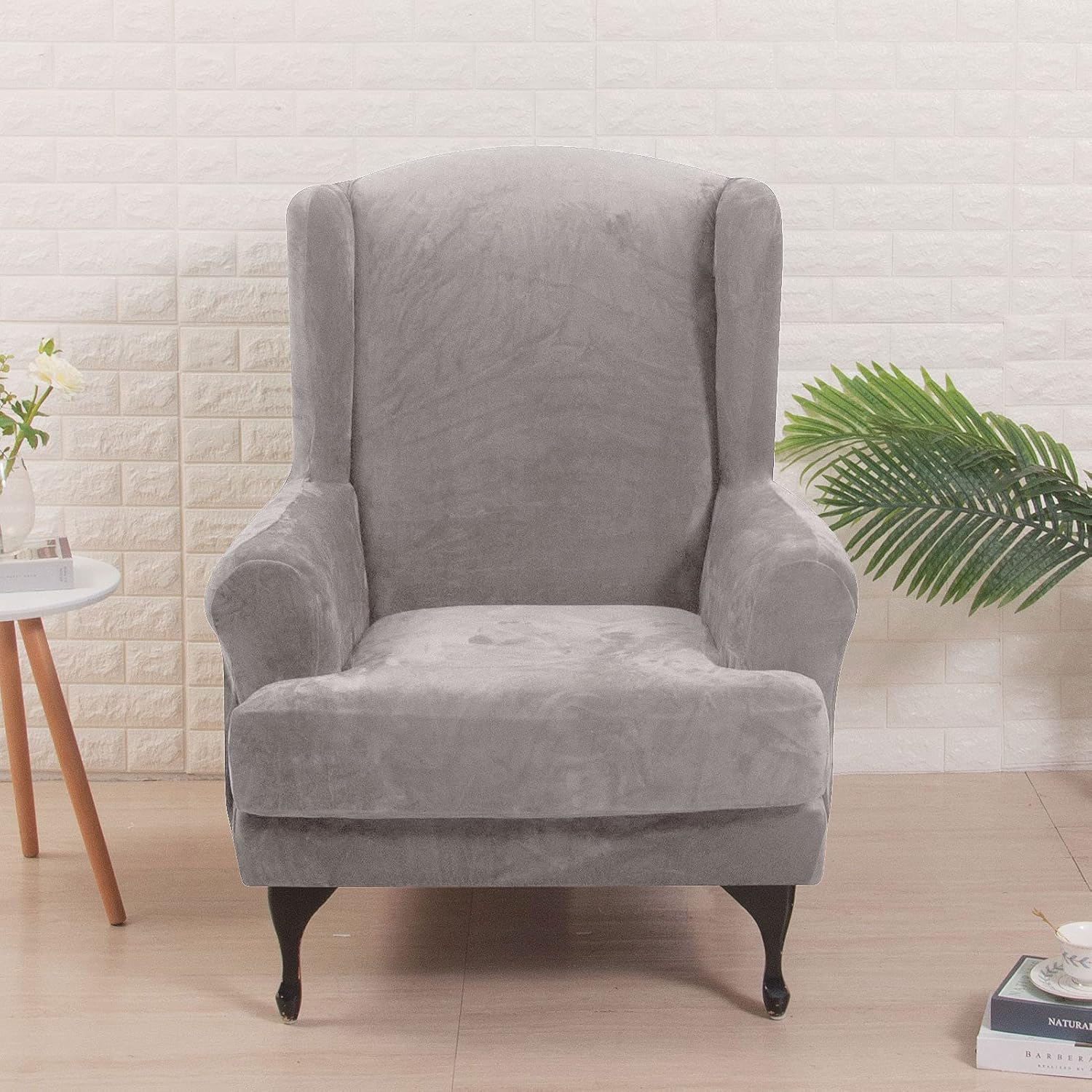 CAMZ Velvet Wingback Chair Slipcover, 2 Piece Stretch Wing Chair Covers T Seat Cushion Cover Plush Soft Wing Armchair Furniture Covers for Wing Back Chairs Form Fitted Couch Cover with Elastic