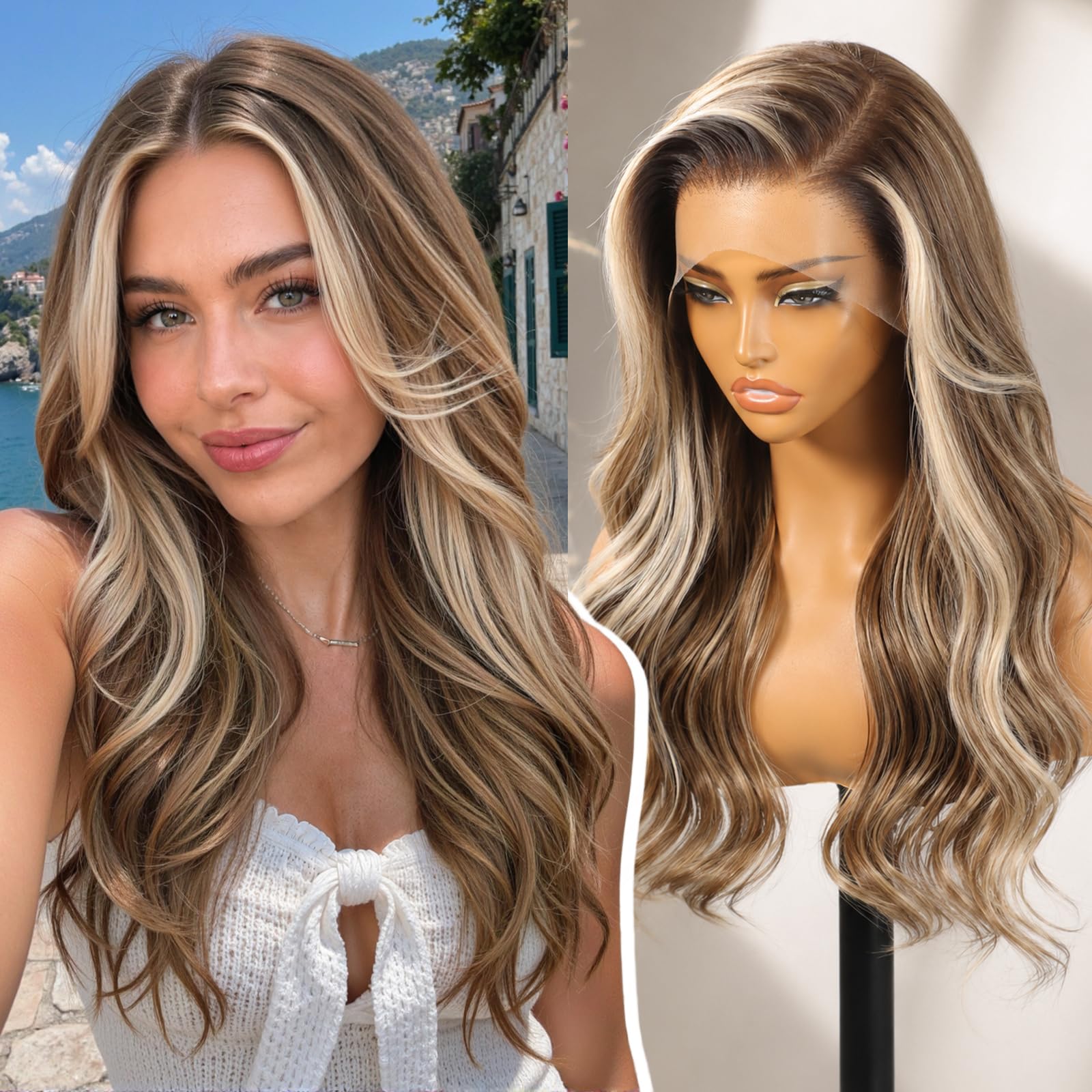 KOME Brown Highlight Wavy 13×6 Synthetic Lace Front Wig for Women 22IN Brown Highlight #TT6/116