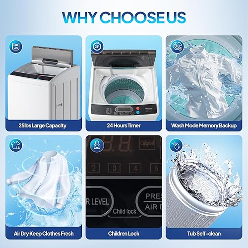 Miniatura 6 de ROVSUN Lavadora portátil de 25 libras, máquina de lavandería eléctrica completamente automática con tambor de acero inoxidable, lavadora compacta y