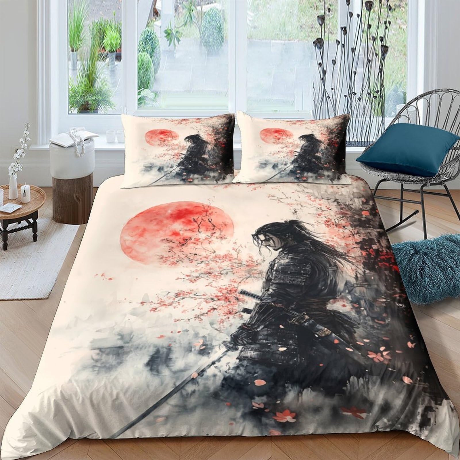 Samurai Krieger 3-teiliges Reines Polyester Japanische Tinte Malerei Stil Bettbezugset, Versteckter Reißverschluss, Für Kleinkinder, Babysicher & Gifffrei, Pflegeleicht King（220x240cm）