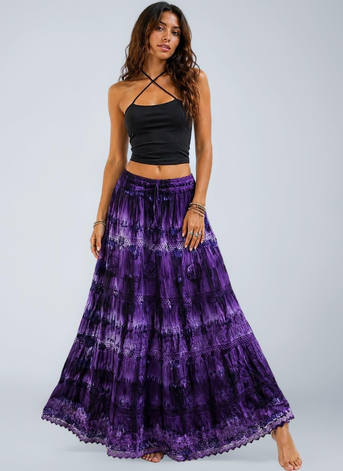 Tie Dye Cotton Maxi Skirt Embroidered One Size UK 8 10 12 14 16