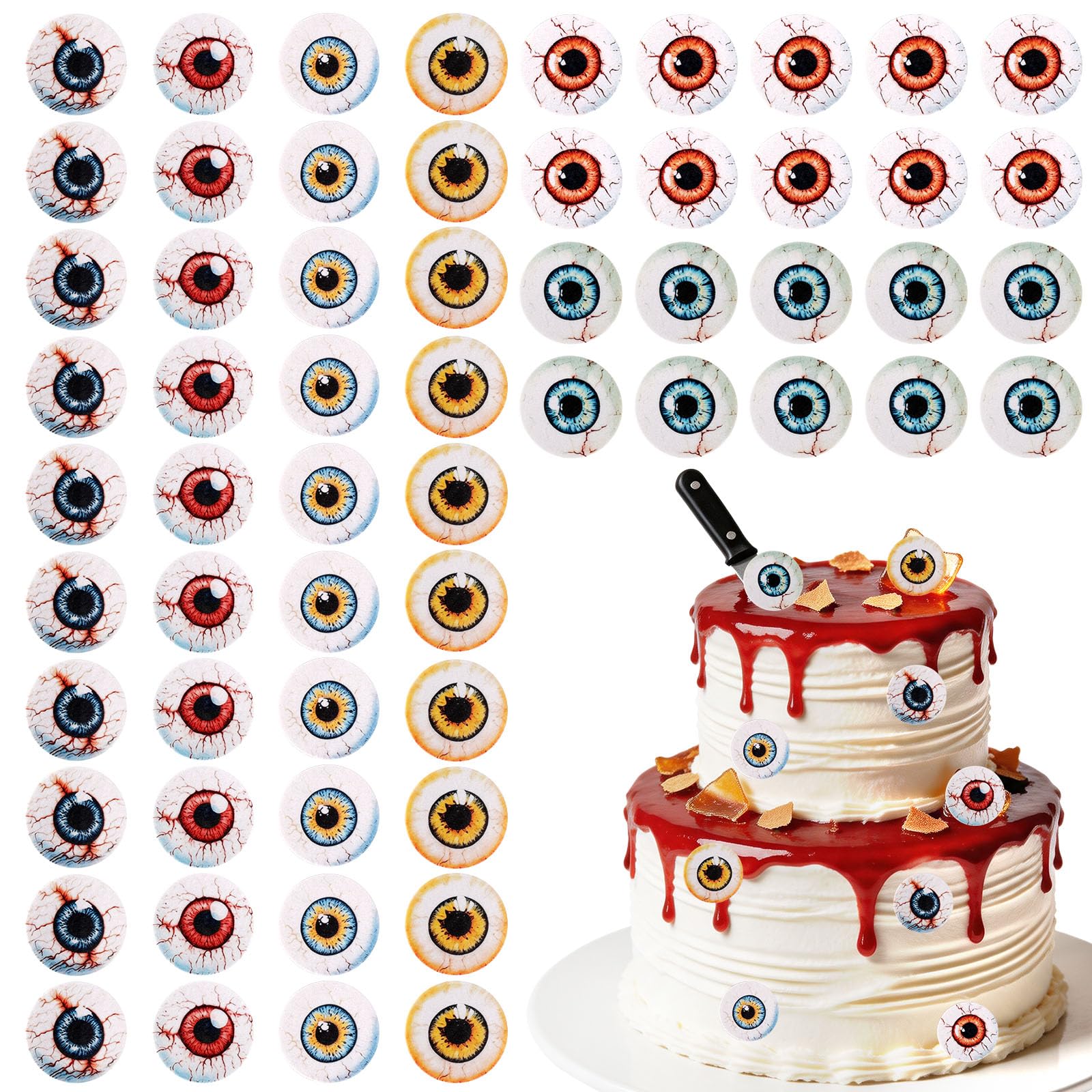 Gosknor 60pcs Edible Eyeballs Cupcake Toppers, Halloween Cake Toppers