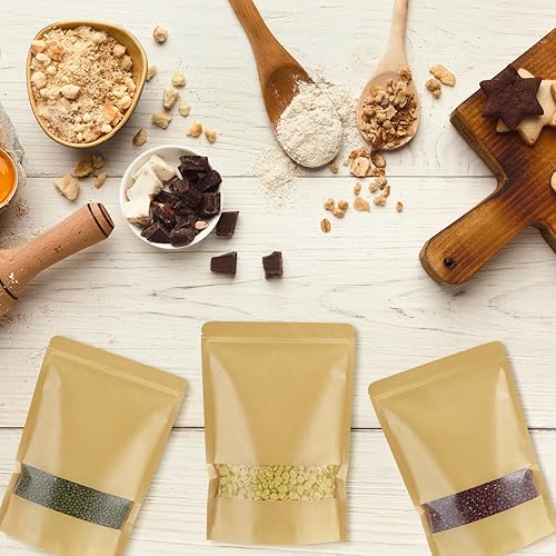 Vista 3 de Geosar 300 Pcs Stand up Kraft Pouches with Window 7 x 10 Inch Kraft Paper Sealable Pouches with Notch Heat Sealable Resealable Bags for Small