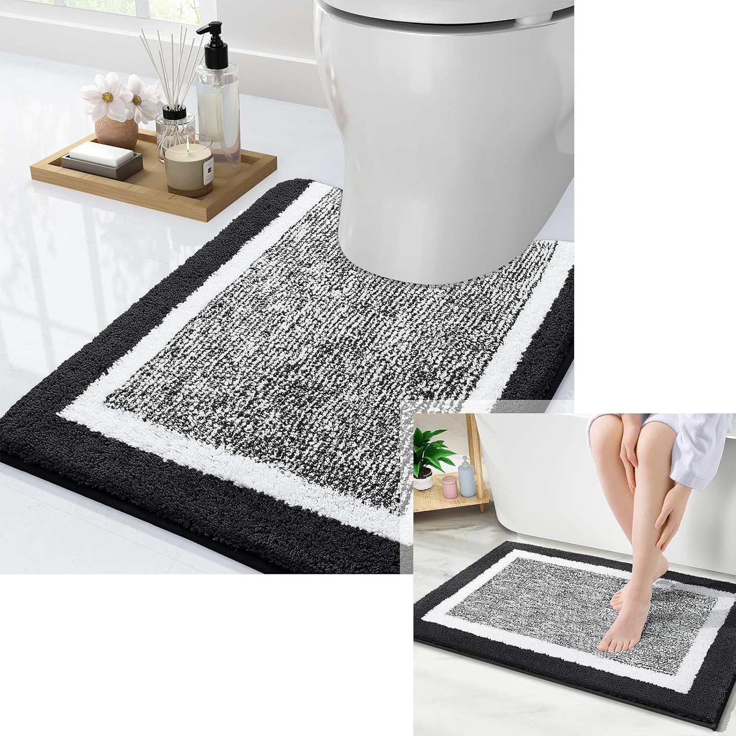 OLANLY Bathroom Rug and Toilet Rug U-Shaped, Bath Rug Size 36x24 and U-Shaped 24x20 in Black, 2 Item Bundle