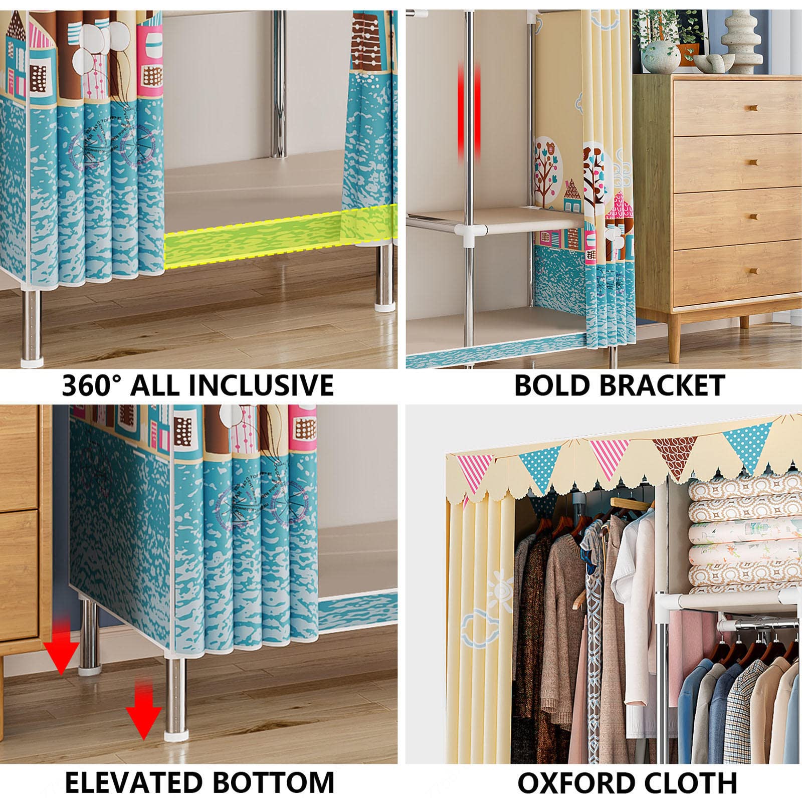 Kleiderschrank Tragbarer Kleiderschrank aus Segeltuch, Kleiderschrank-Aufbewahrungsorganisator mit Kleiderstange, Regalen, Seitentaschen, für Schlafzimmer, Wohnzimmer,E-84X46X172cm
