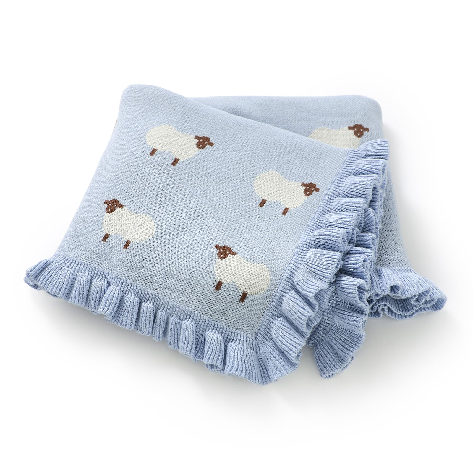 Hadetoto Cotton Baby Blanket Knit Ruffle Blankets Cartoon Sheeps Baby Gifts Essentials for Newborn Boys Girls (Light Blue)