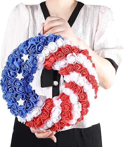 Miniatura 6 de Corona del 4 de julio para puerta delantera, decoraciones del 4 de julio para el hogar, coronas patrióticas de la bandera estadounidense para el Día