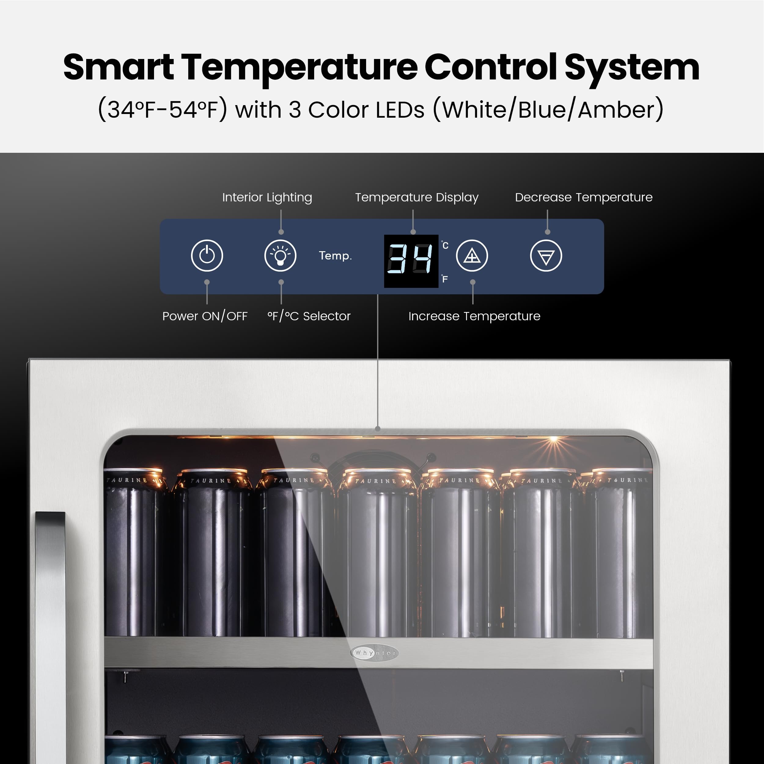 24 Inch Beverage Refrigerator 140 Cans Beverage Fridge Drink Fridge With Glass Door 3 LED 34-54 ℉ Beverage Coolers Built-In Or Freestanding For Home Bar Kitchen(5.65 Cu.Ft) on Fridge.com - View 6