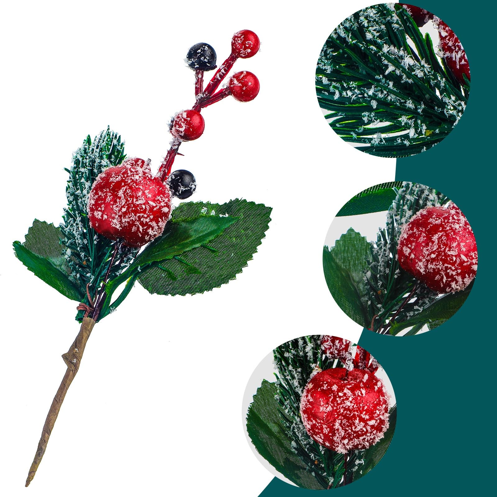WILLBOND Picchetti di bacche rosse artificiali di Natale, rami di bacche di pino, agrifoglio, pino innevato, pigne finte per Natale, artigianato, feste, decorazioni per la casa, 20,3 cm, steli