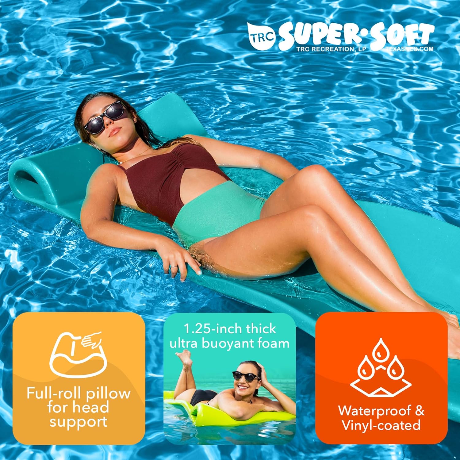 TRC Recreation Splash 1.25" Thick Foam Pool Float Lounger w/ Headrest for Lounging & Sunbathing in Swimming Pools, Beaches & Lakes, 70" x 26"