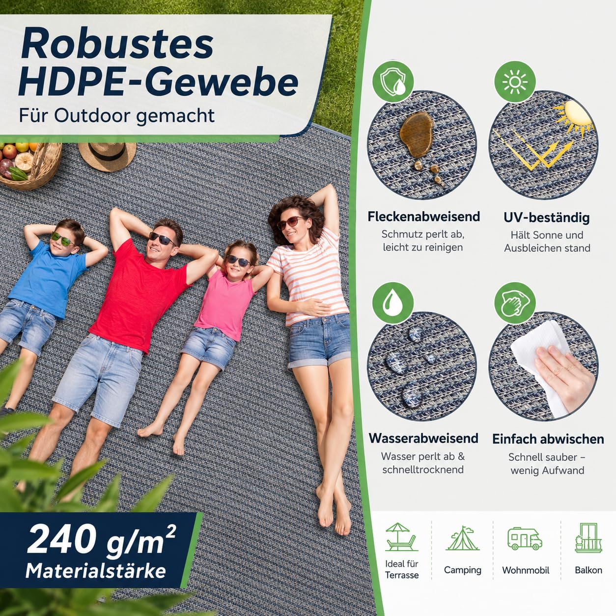 Tapis d'auvent 100 % polyéthylène haute densité respirant pour caravane avec sac de transport à œillets