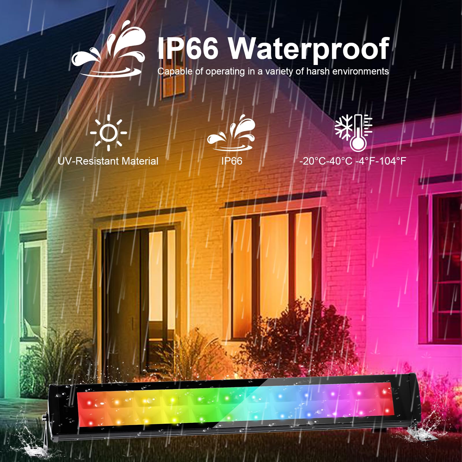 Faretto LED RGB Esterno 50W, 2 Pezzi Barra LED RGB con 360° Telecomando e Controllo APP Bluetooth, Impermeabile IP66 Faretti RGB da Esterno Luce d'Atmosfera RGB per Festa Natale Giardino