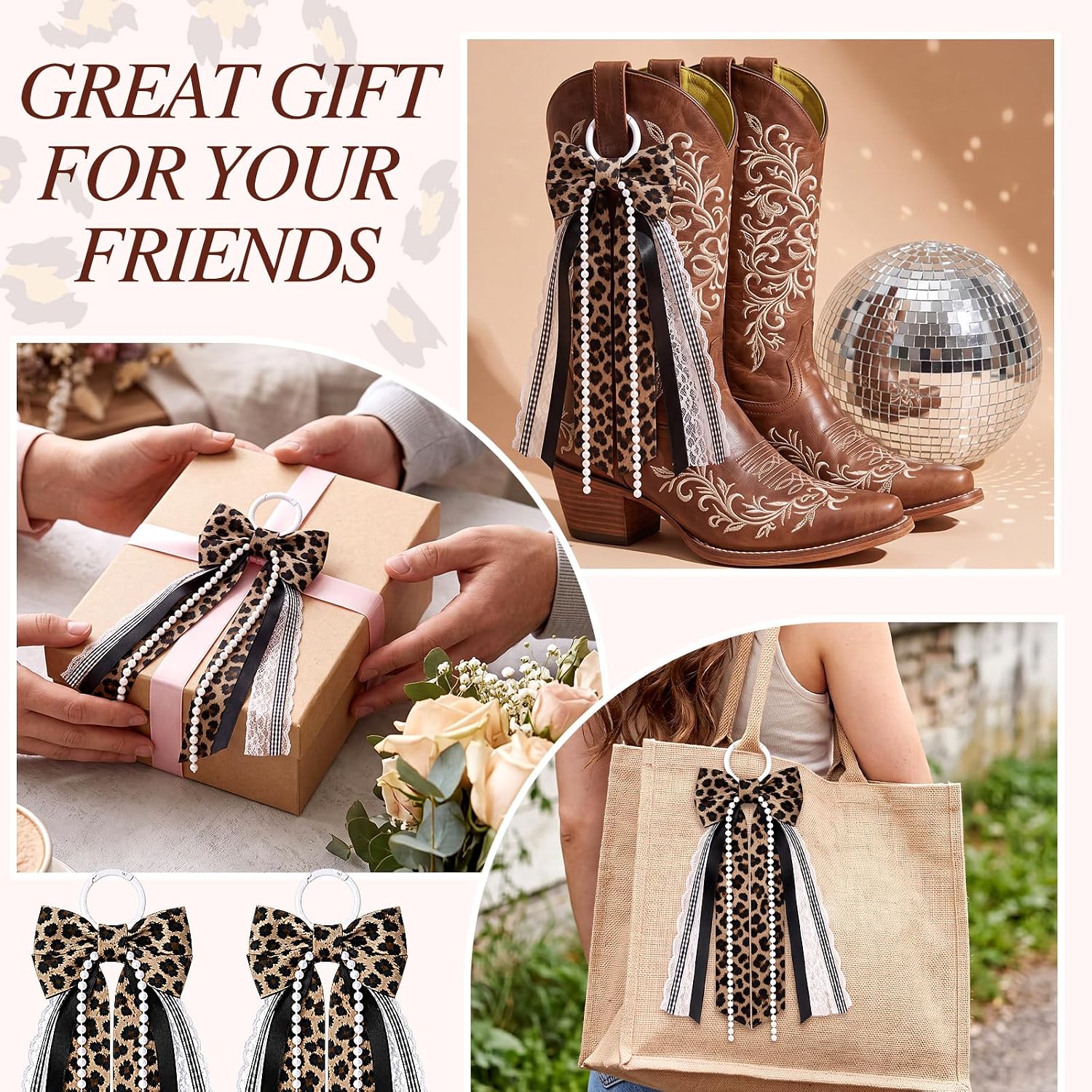 4 Pcs Brown Leopard Boot Bows for Cowgirl Boots, Western Shoe Charms, Layered Lace Ribbon Bows Accessories for Women DIY Country Concert Wedding Birthday Bridal Shower Outfits