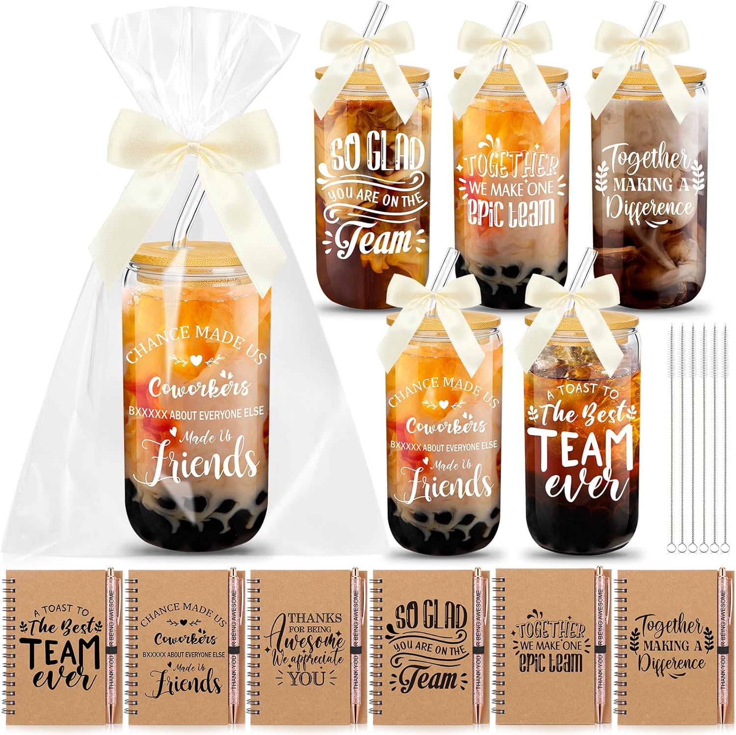 Skylety 18 Pcs Employee Appreciation Gift for Women Thank You Gifts Bulk for Coworker Team Staff Nurse Teacher 16 oz Glass Cup A6 Inspirational Notebook with Ballpoint Pen Bowknot(Team)