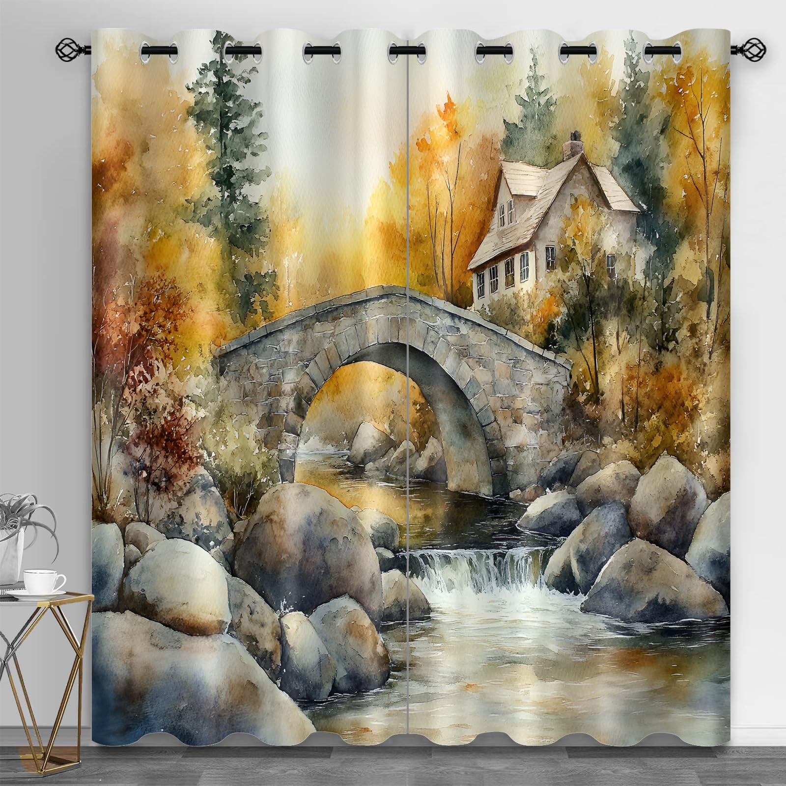 Rideau occultant paysage d'automne isolant thermique cabane en bois