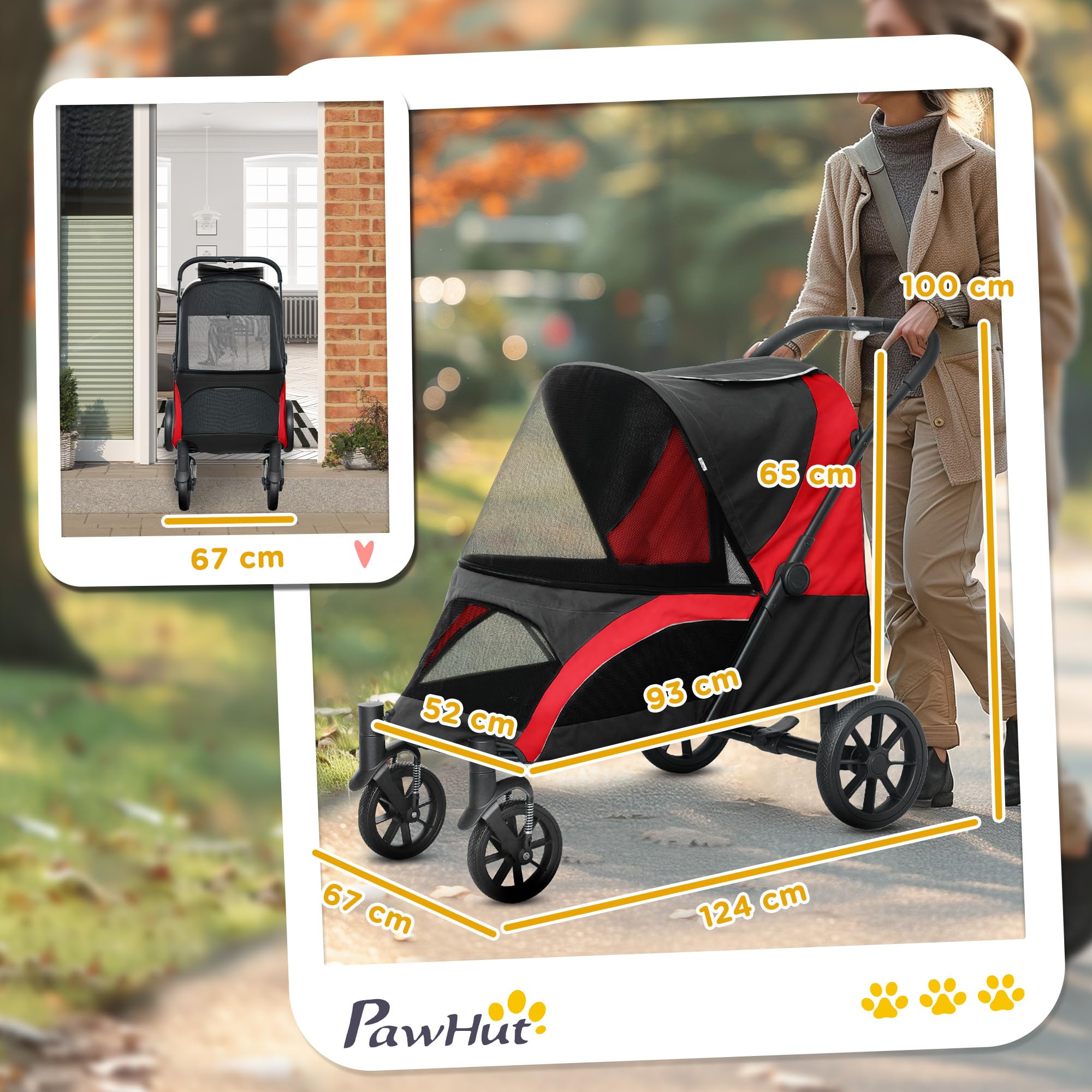 PawHut Carrito para perros plegable para perros y gatos grandes de hasta 30 kg, con cojín, ventanas de red, puertas, bolsa de almacenamiento, carrito para gatos con correas de seguridad, frenos, color