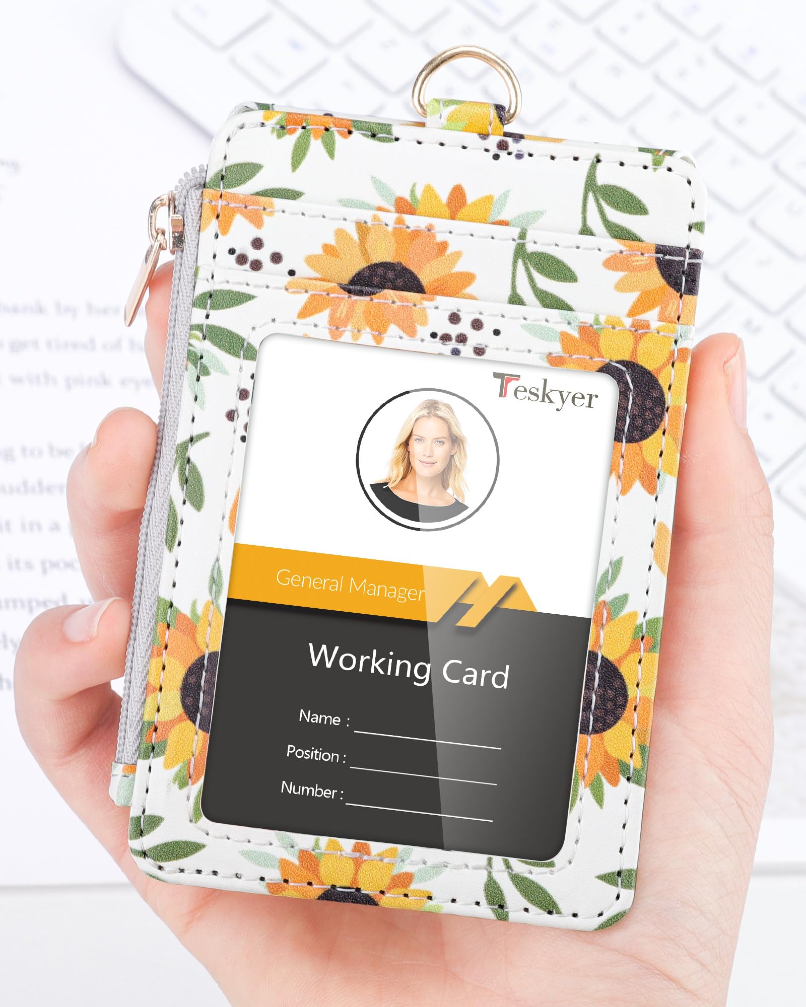 Teskyer Retractable Sunflower Lanyard with Card Holder, Badge Holder with Zipper Pocket, Holds 4 Cards, with Clear Window - Image 2