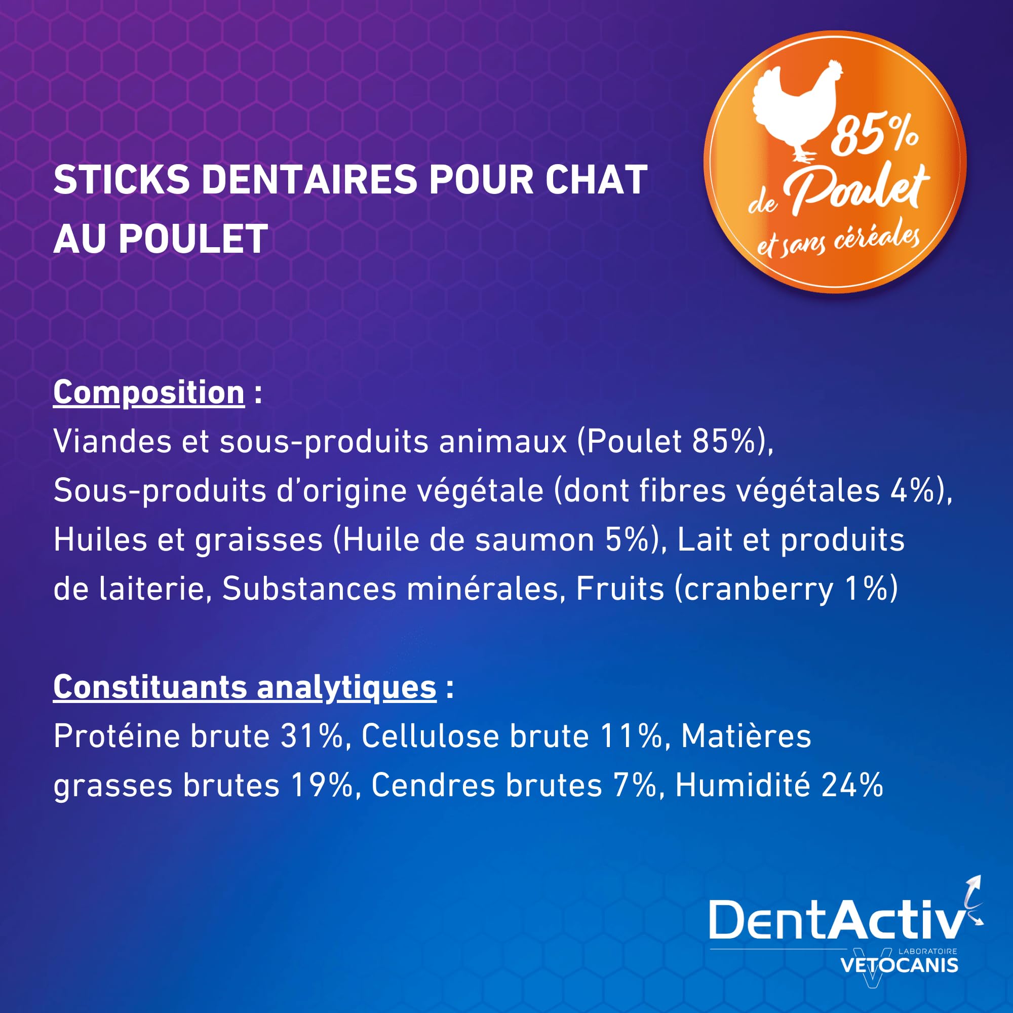 Vetocanis - Dentactiv - Stick Dentaire - Friandises pour Chat Gourmandes - Hygiène et Santé du Chat - Riche en Viande - 85% de Poulet - Système Anti-Plaque