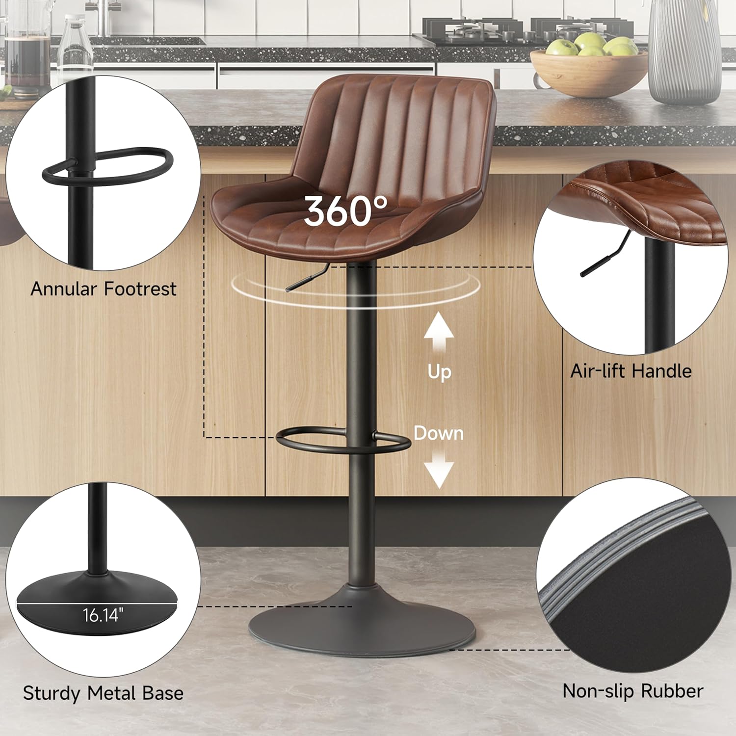 Volans Bar Stools Set of 2, Mid Century Modern Faux Leather Swivel Barstools Adjustable Height, Counter Height Pub Bar Chair with Back, Black Powder Coated Base, Cognac