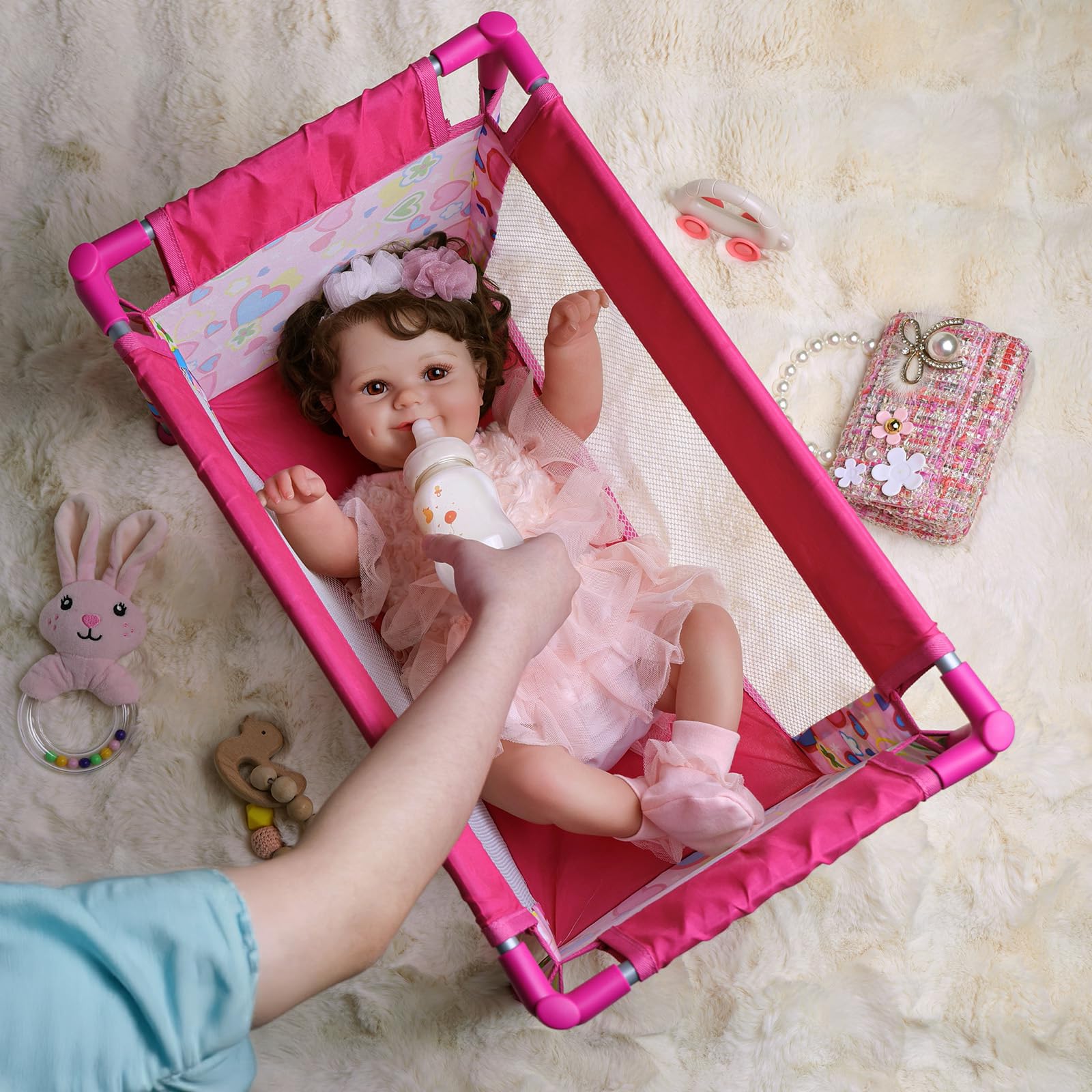 Lit de Voyage Pliable pour poupée jusqu'à 45cm avec Sac de Transport et Accessoires Jouet d'imitation pour Enfants 3 Ans et Plus