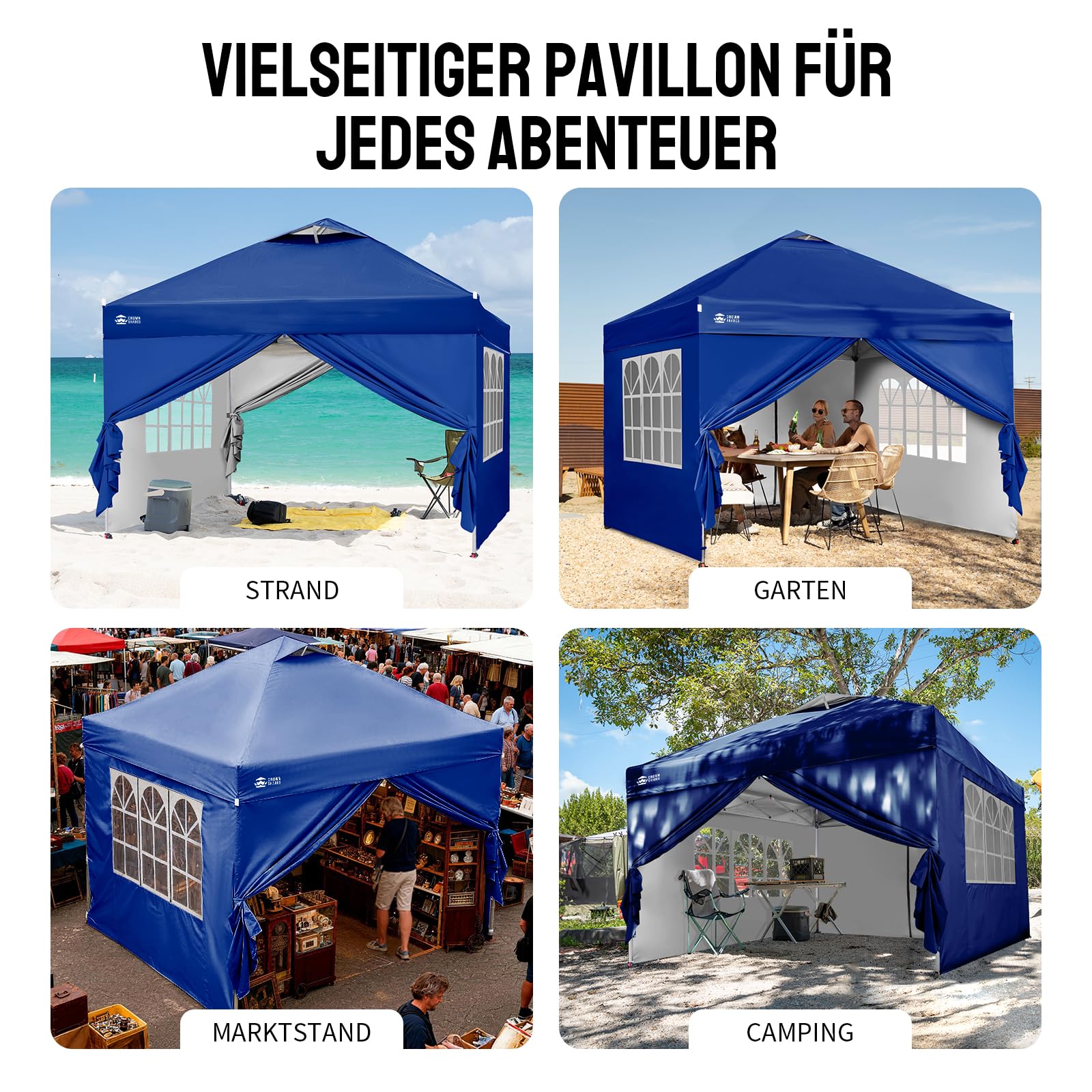 CROWN SHADES Pavillon 3x3 Wasserdicht Stabil Winterfest mit 4 Seitenteilen, Pop up Gartenpavillon UV Schutz 50+, Partyzelt Für Outdoor Camping, 3-Fach Höhenverstellbar, Pavillion mit Tragetasche