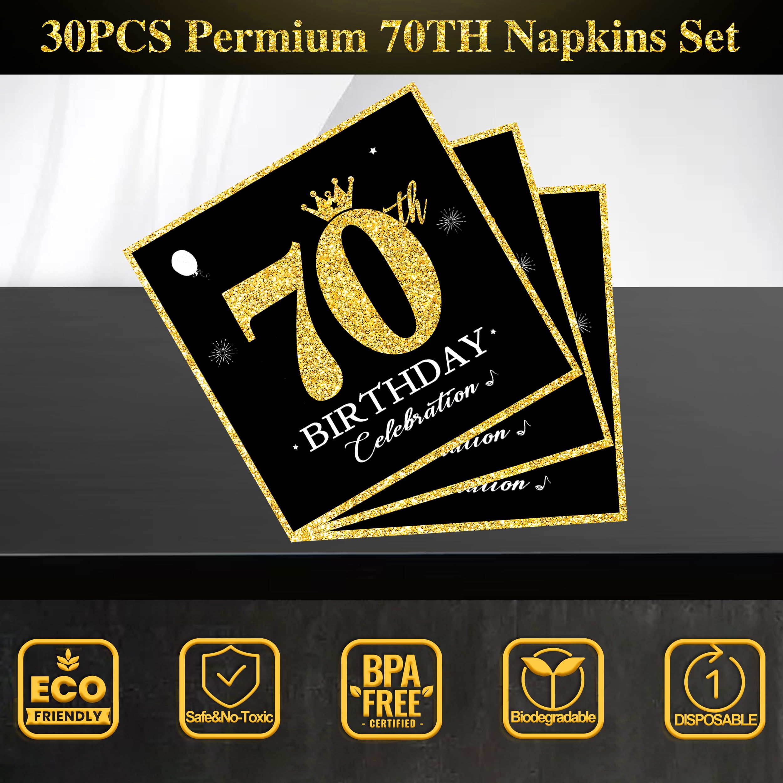 Lot De 60 Assiettes Et Serviettes De Table Jetables Noires Et Dorées
