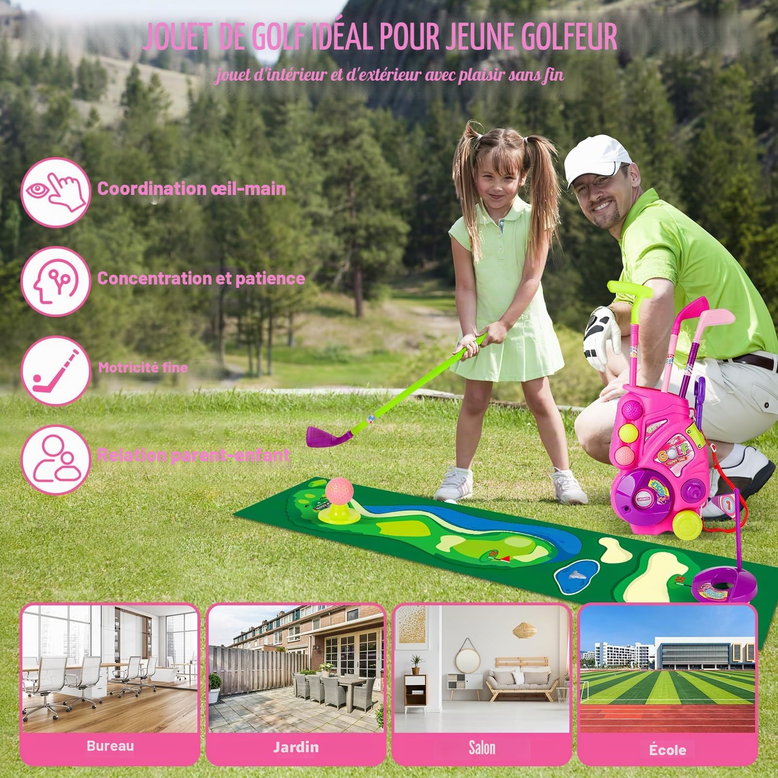 deAO Jeu de Golf pour Enfants, Jouets de Sport d'extérieur et d'intérieur, Jeu de Golf pour Garçons, Filles et Enfants de 3 À 6 Ans, Rose