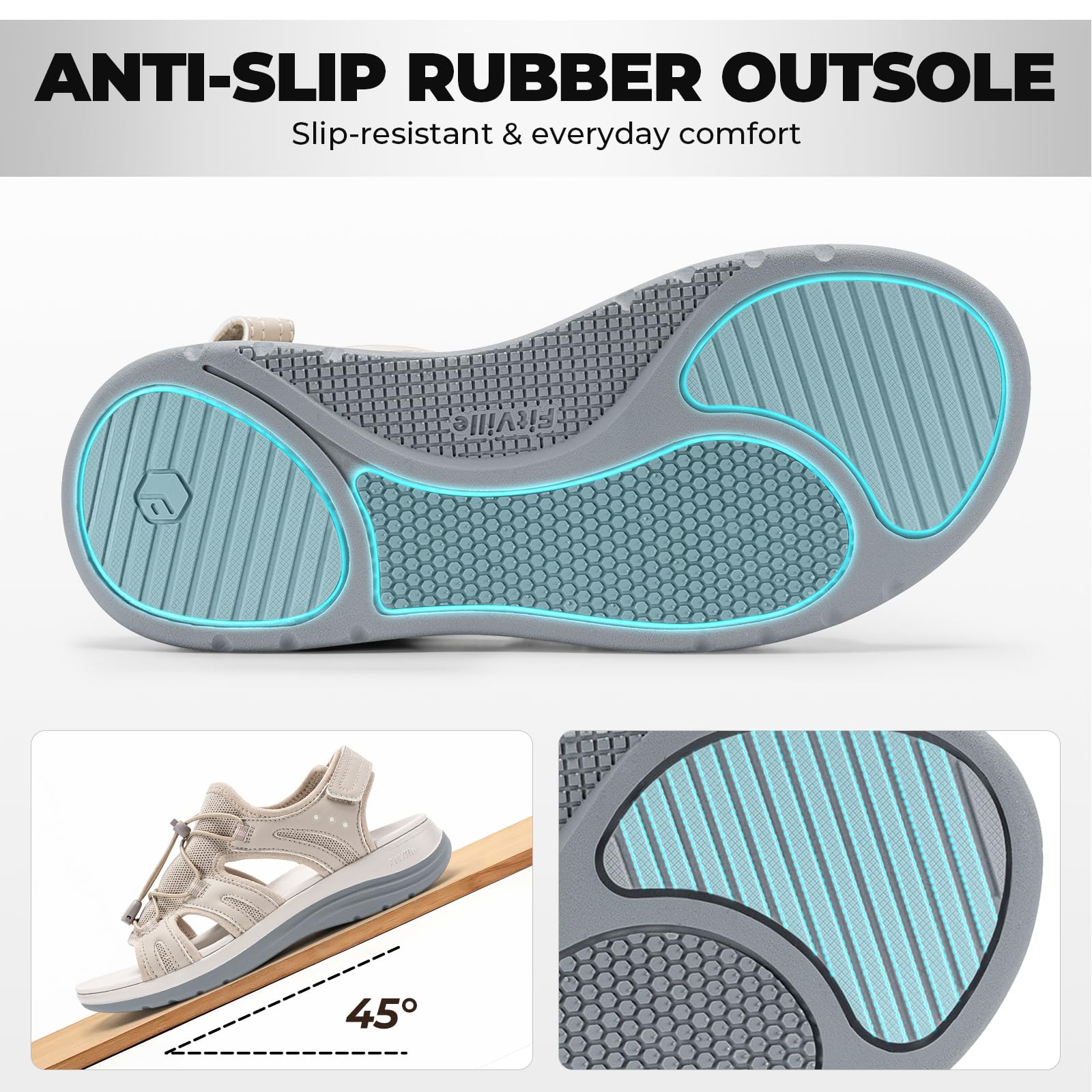 FitVille Sandalias Anchas para Mujer Verano Transpirables Cómodas con Sistema de Cordón Elástico y Correa Ajustable