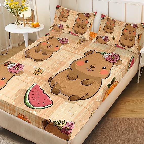 AILONEN Cute Capybara Bedding Set Twin Size - Cartoon Capybara Fitted Sheet & 2 Pillowcases - 3 Pieces Kawaii Animal Bed Sheet Set for Kids Teens Girls Boys