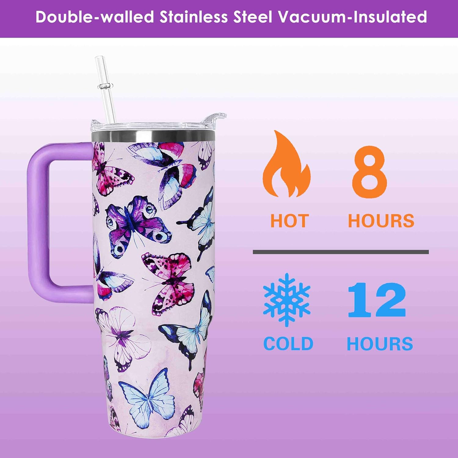 30 oz Purple Butterfly Lover Gift Tumbler with Handle Straw Lid 30oz Purple Butterfly Themed Water Bottle Double Stainless Steel Insulated Basketball Cup Travel Coffee Mug - Image 6