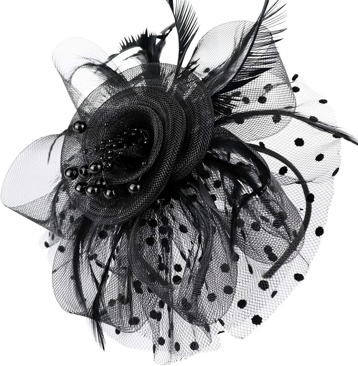 DRESHOW Fascinators Hat Flower Mesh Ribbons Feathers on a Headband and a Clip Tea Party Headwear for Girls and Women