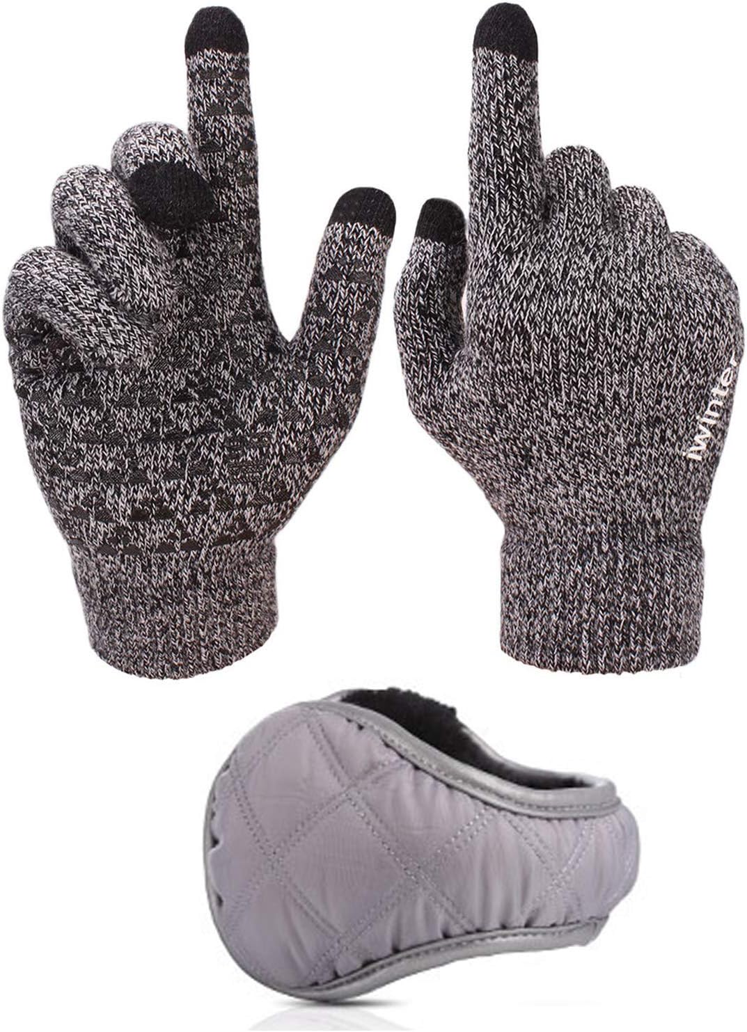 Winter Warm Touchscreen Gloves and Unisex Foldable Earmuffs with Fur Earwarmer for Women Men (Gray, Women)