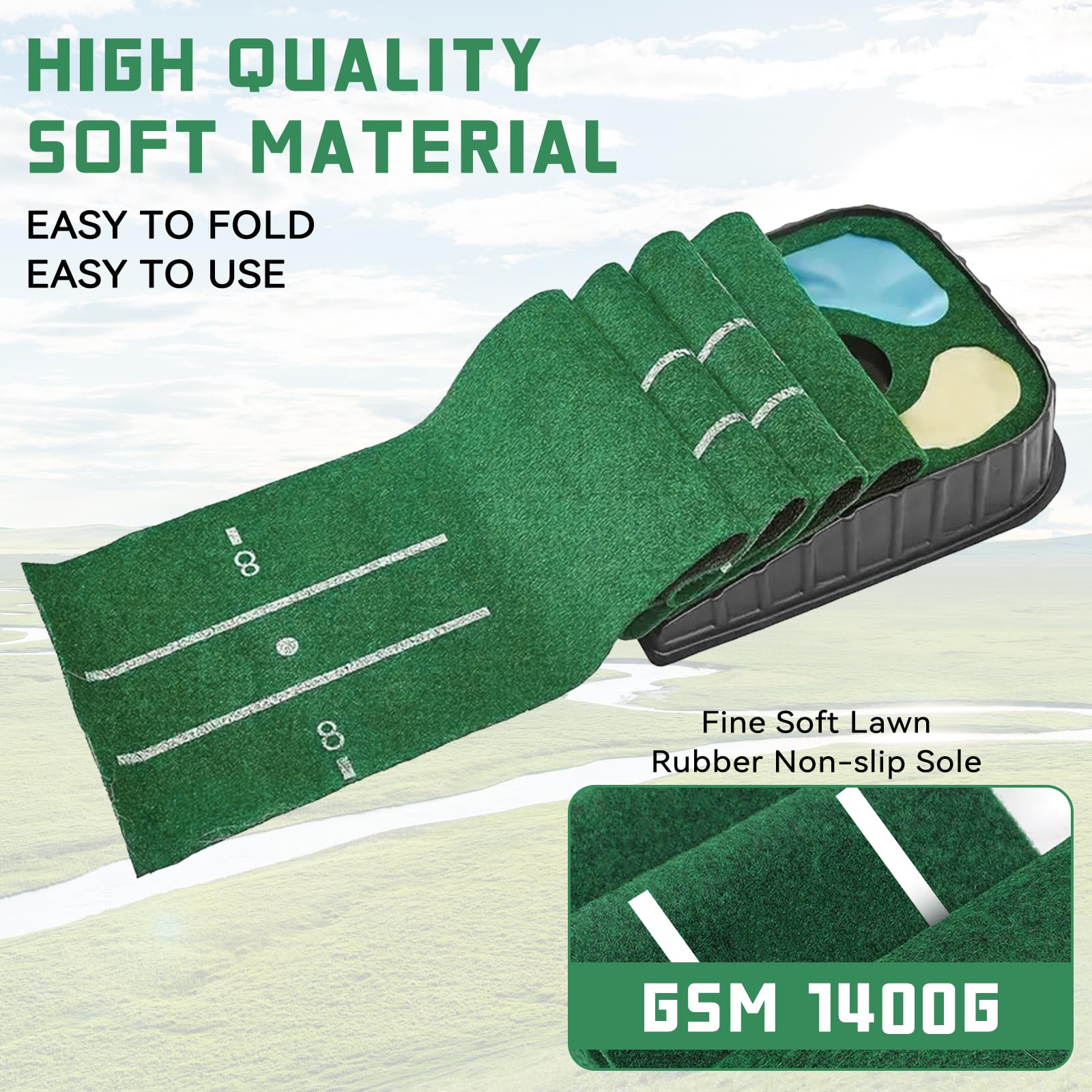 Tapis de golf d'intérieur vert avec retour automatique de balle et 3 trous, infroissable proche de la vraie vitesse verte, tapis de golf adapté pour bureau, salle de loisirs, terrasse