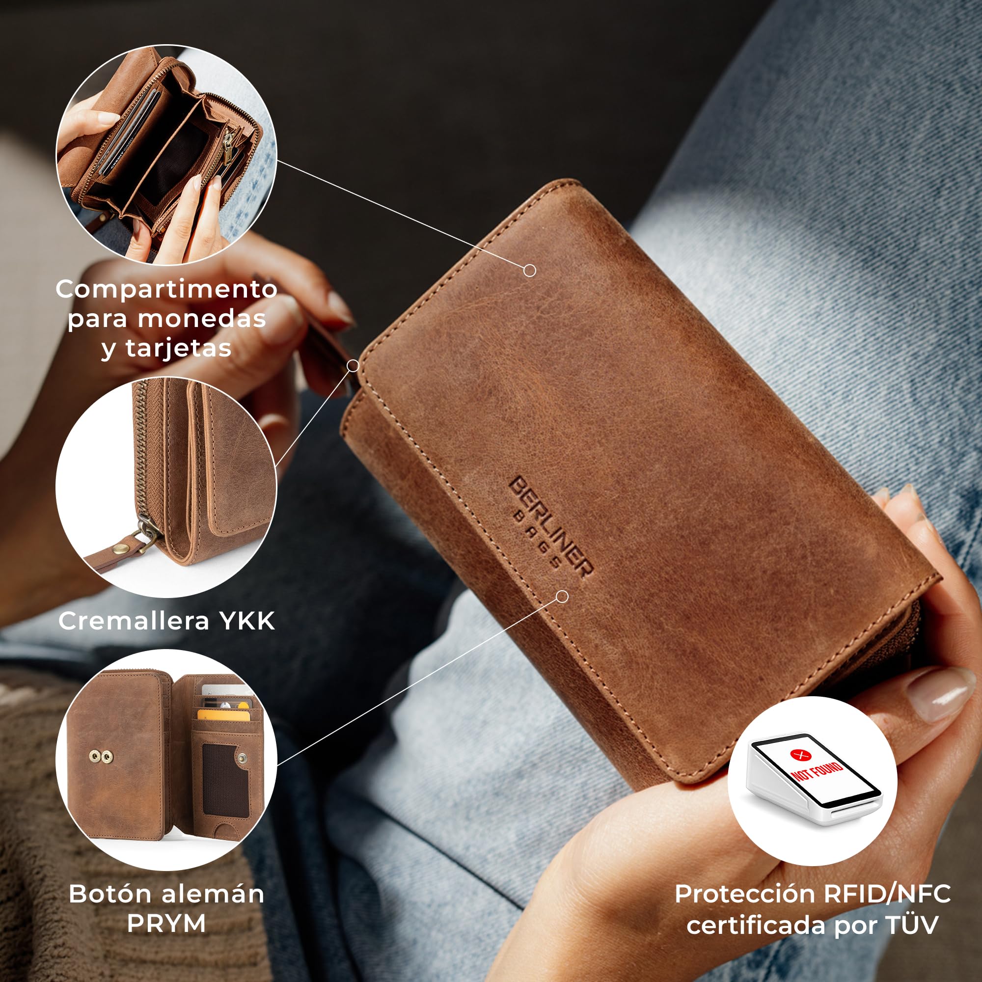 Berliner Bags Vienna Vintage Cartera Grande Mujer Piel Auténtica Tarjetero