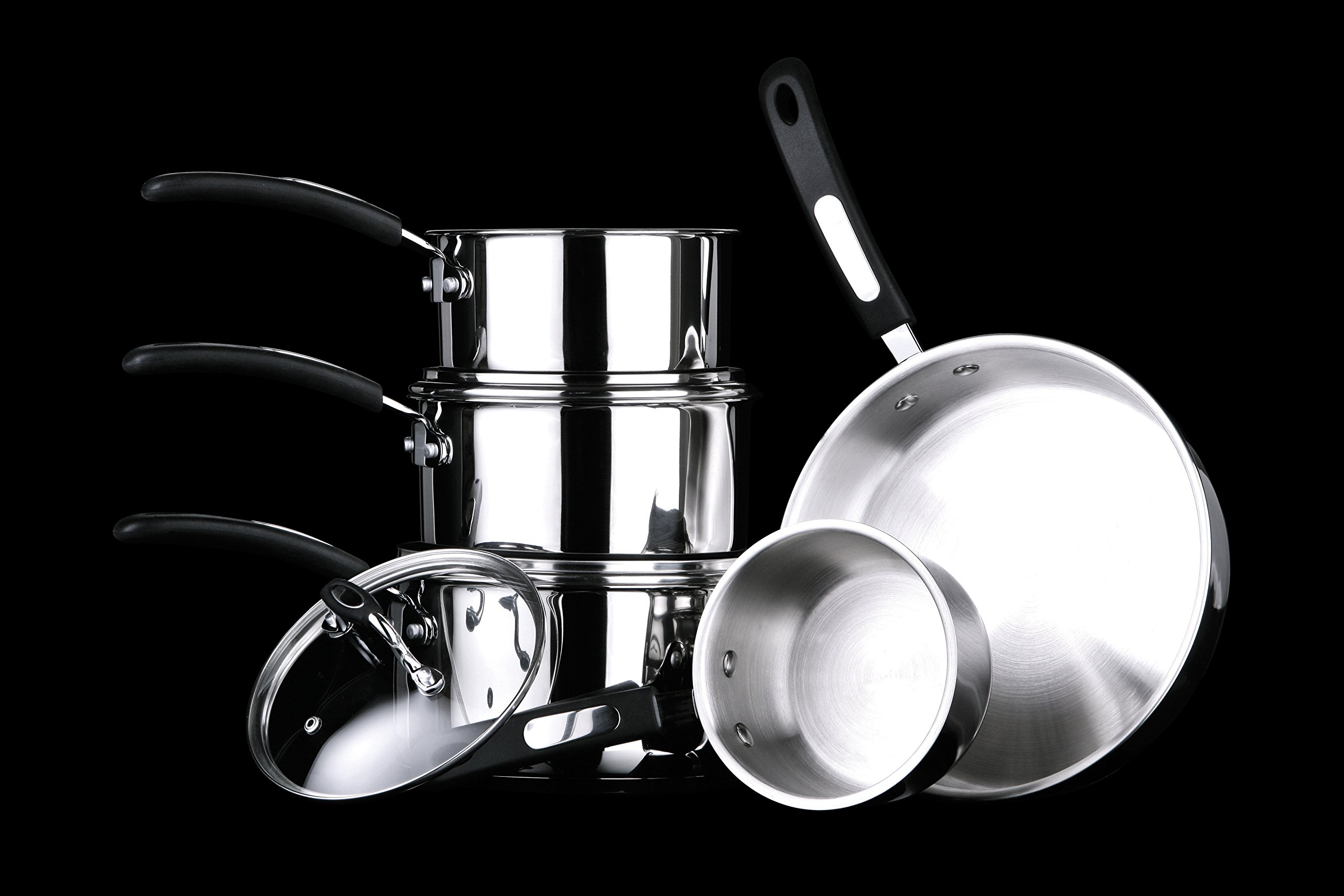 PREMIER Housewares 0408162 Set di 5 Pentole Tenzo in Acciaio Inox, Maniglie in Silice, Coperchio di Vetro
