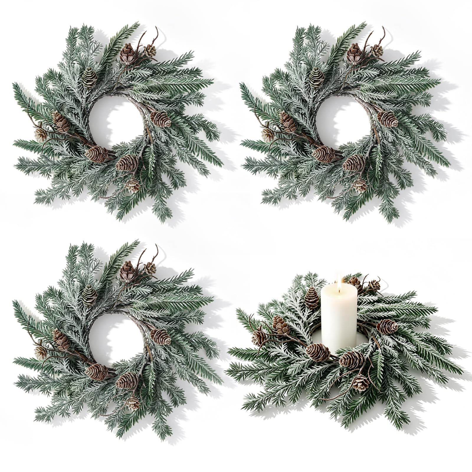 4 PCS Christmas Candle Rings Wreaths Mini Frosted Pine Candle Holder Rings