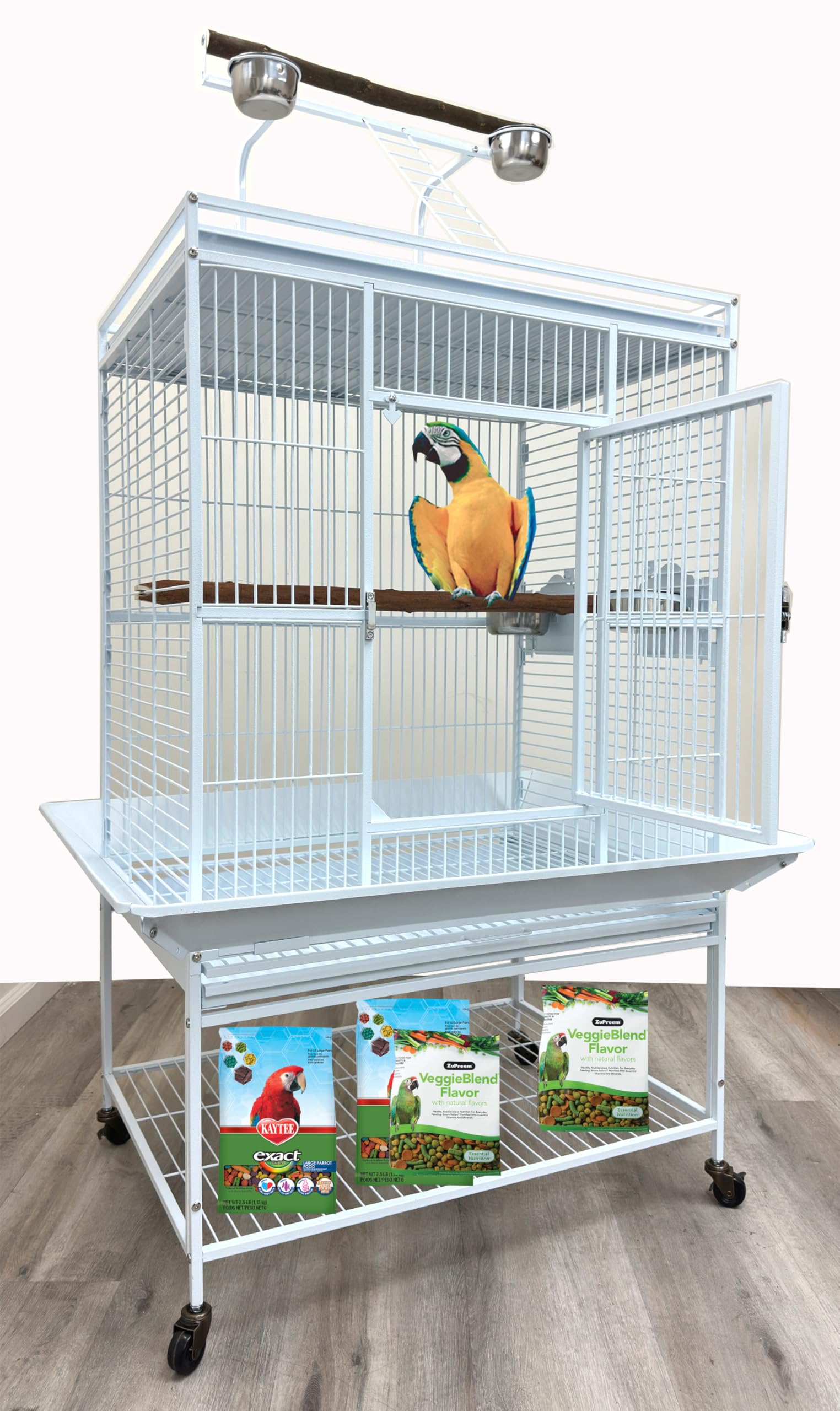 Extra Large Elegant and Durable Wrought Iron Climging Ladders Perch Stand Play Top Ground Bird Parrot Rolling Metal Cage, Include Seed Guard (White Vein, 32" x 23" x 69"H)