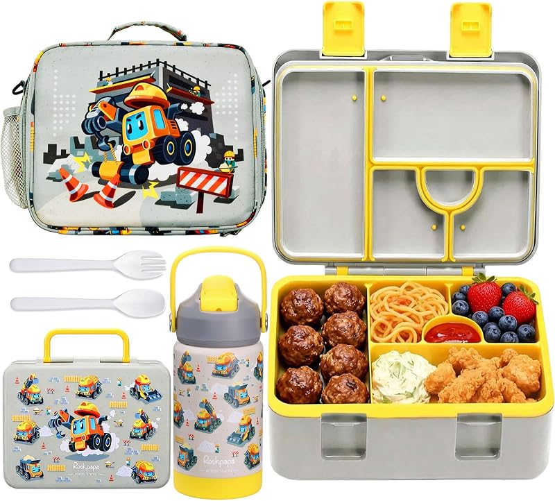 rockpapa Kids Lunch Box Set with Insulated Water Bottle, Constr Turcks | Leakproof 5.5Cups Bento Box, 14oz Insulated Water Bottle, Insulated Lunch Bag, for Boys, Girls, Back to School
