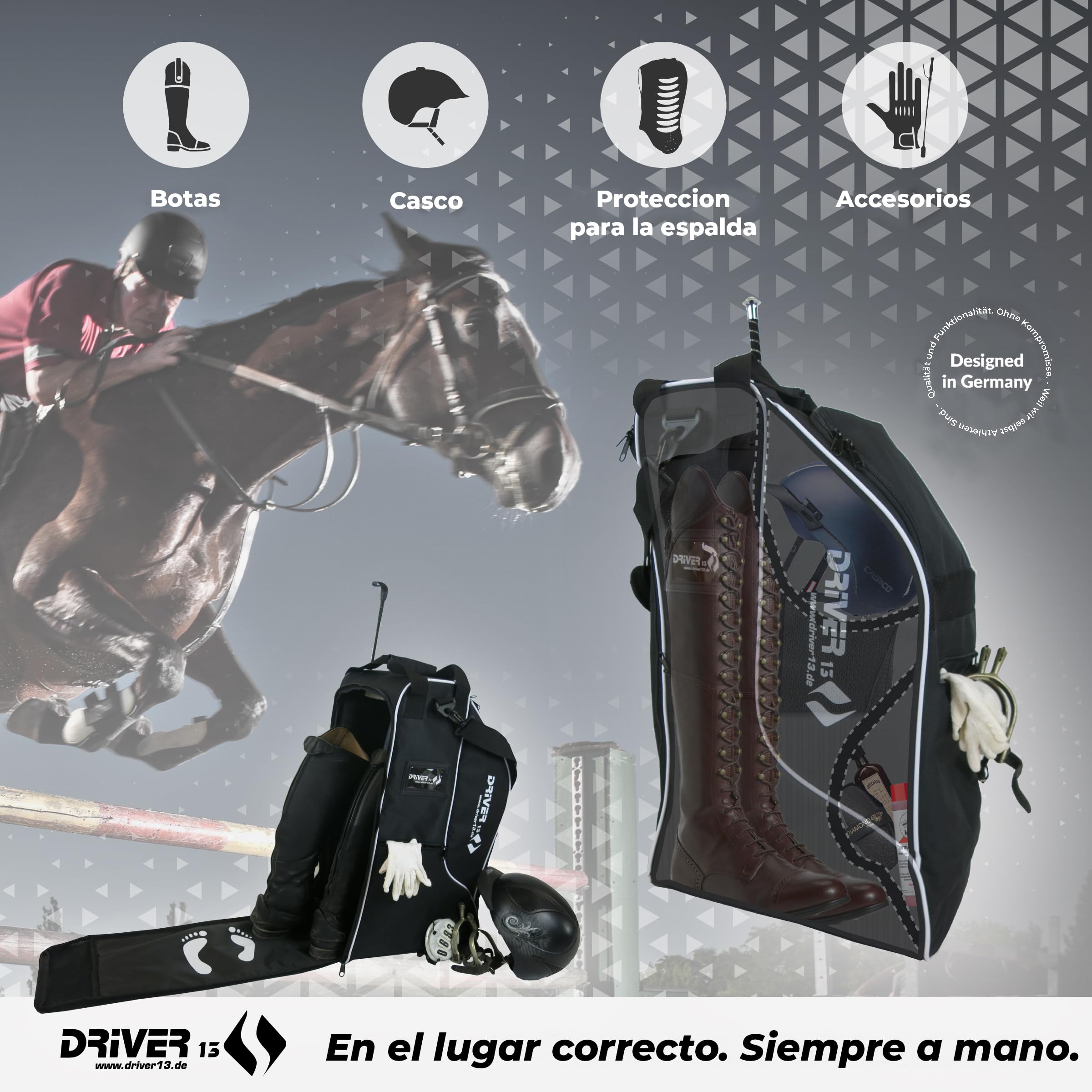 Driver13 Bolsa Deluxe para botas de equitación con compartimento para casco