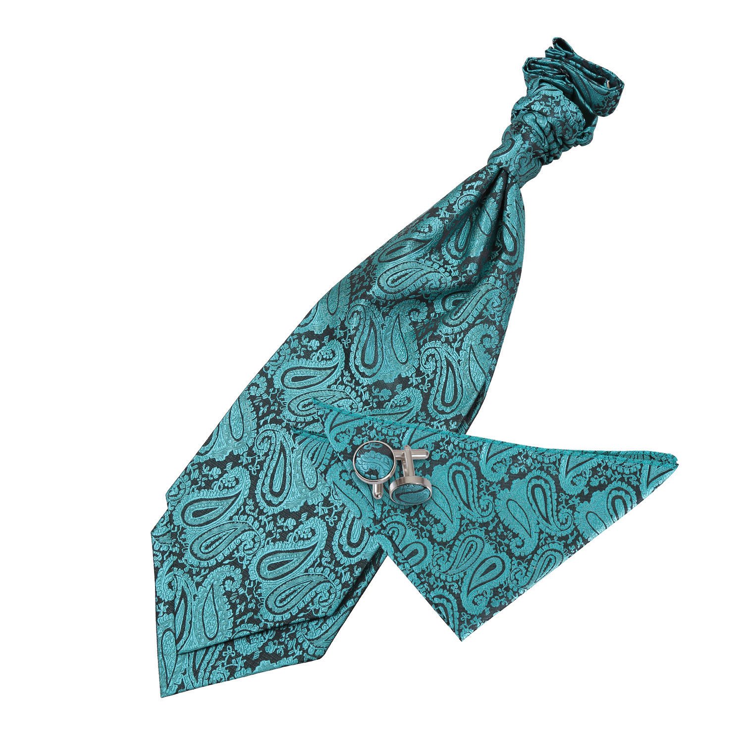 DQT Mens Paisley Floral Jacquard Pre-Tied Scrunchie Cravat, Pocket Square & Cufflinks Set (3pc) - Wedding, Business & Formal - Teal