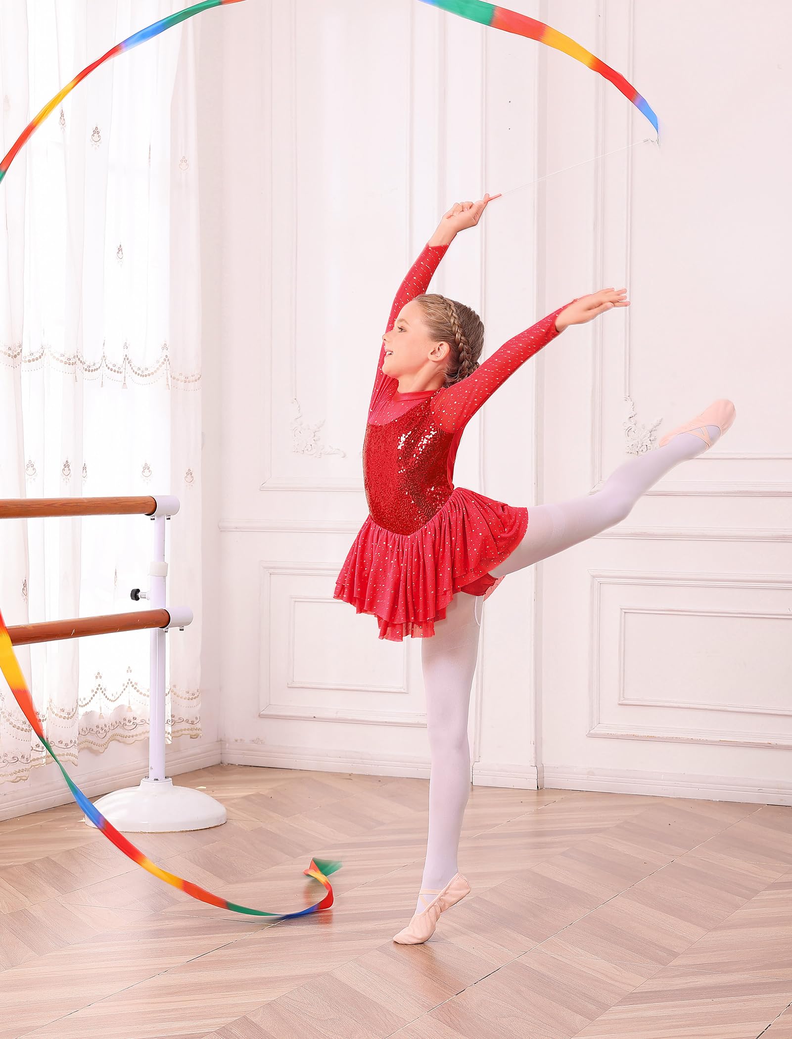 FYMNSI Vestido de patinaje artístico para niñas con diamantes de imitación brillantes, manga larga, malla de tul con falda, leotardo para gimnasia, ballet y baile